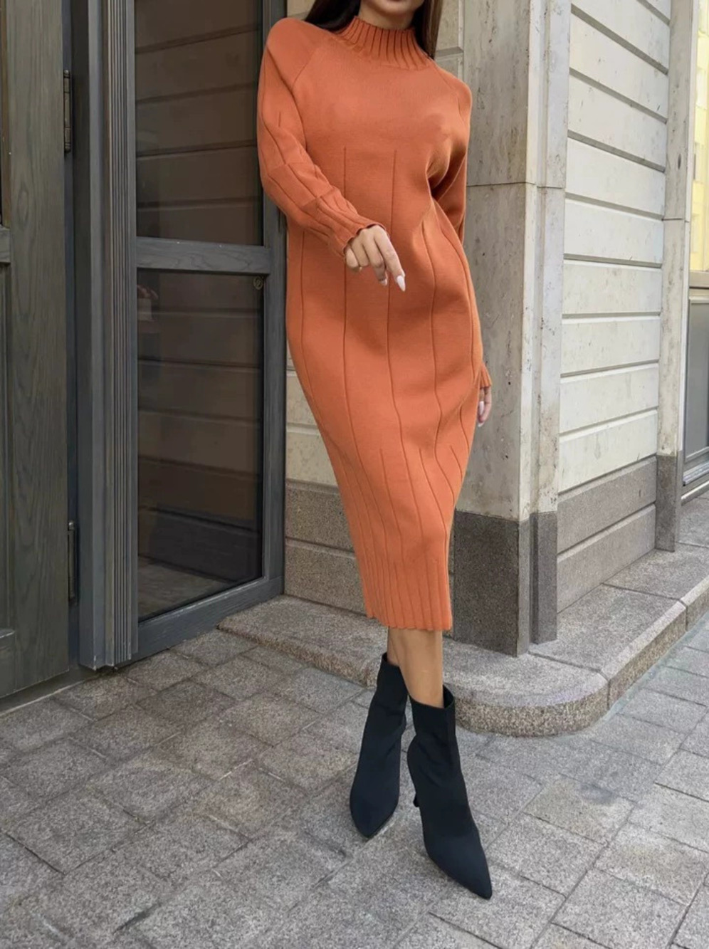 ZARA Womens Slim Mock Neck Ribbed Knit Long Sweater Dress Pair With Coat